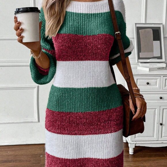 Multicolor Casual Women's Color lock Striped Lantern Sleeve Sweater Dress - Picture 4 of 5